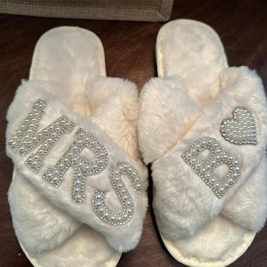 Personalized Pearl Letter Fluffy Slippers | Bridal & Mrs Gift Bridal Slippers Peaceful Pleasures Health and Wellness MRS Q M