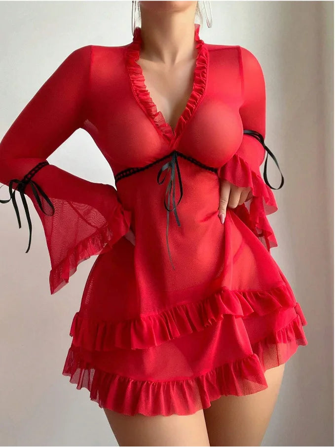 Printed Mesh Sheer Long-Sleeve Backless Mini Dress Set