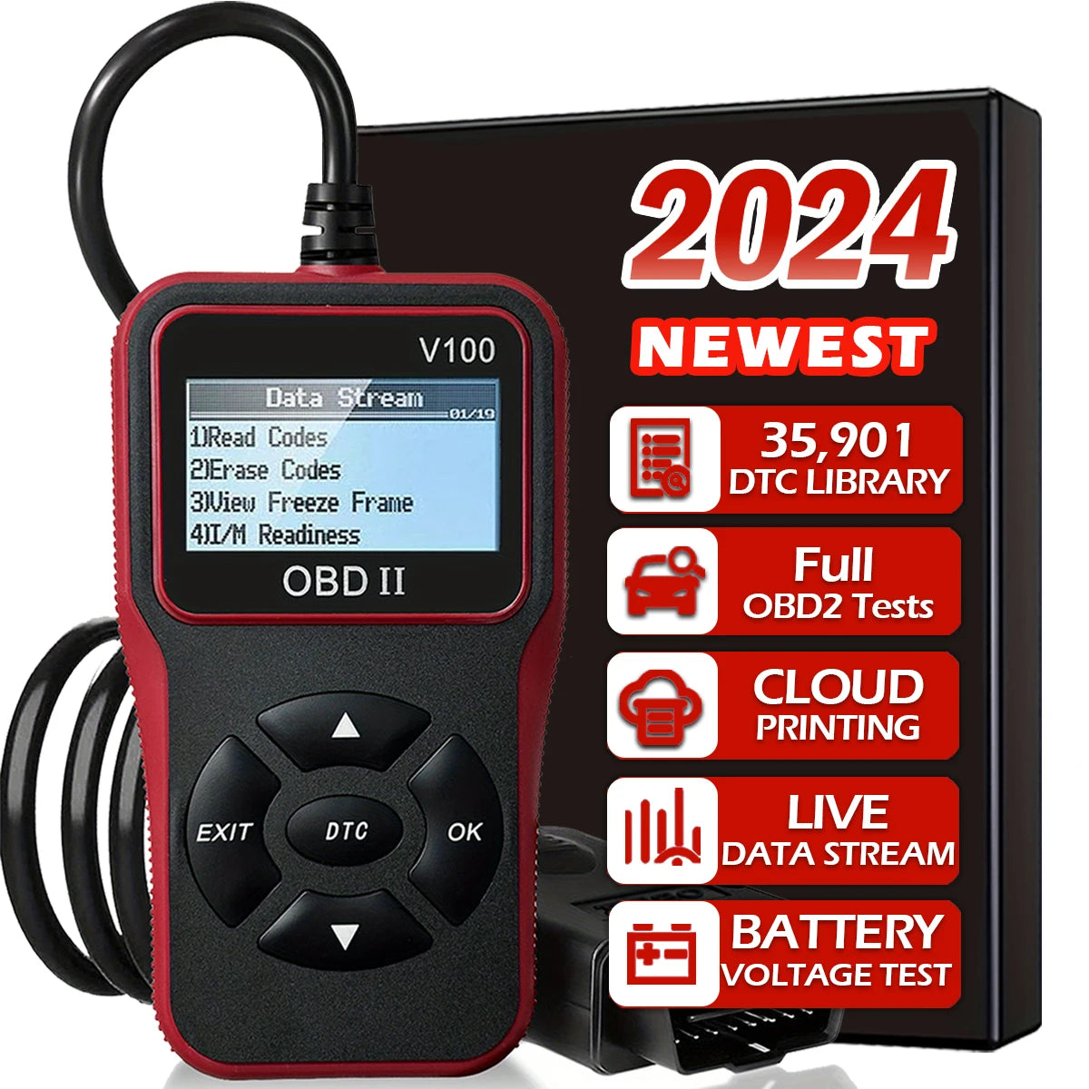 OBD2 Car Diagnostic Scanner & Battery Voltage Tester V100 Peaceful Pleasures Health and Wellness black