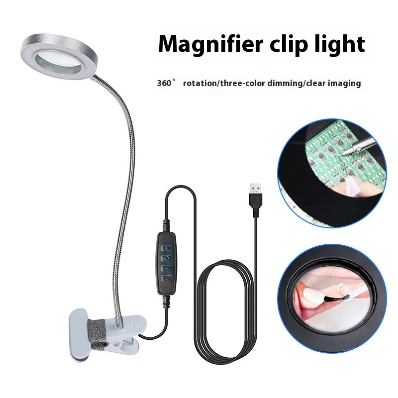 Magnifier with Led Lighting, High-Power Magnifying Glass, Clip Light, Eye Protection, Maintenance, Reading, Nail Art, Embroidery Peaceful Pleasures Health and Wellness Silver with lens