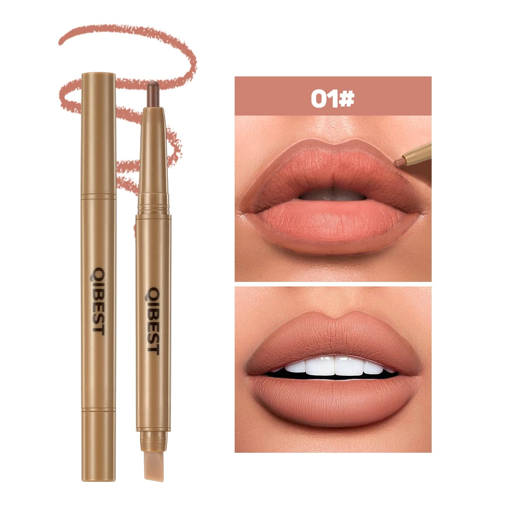 QIBEST Double Head Lip Liner&Brush Pen Mist Matte Velvet Contour Tint Lipstick Pencil Long Lasting Nude Brown Natural Lip Makeup Peaceful Pleasures Health and Wellness 01