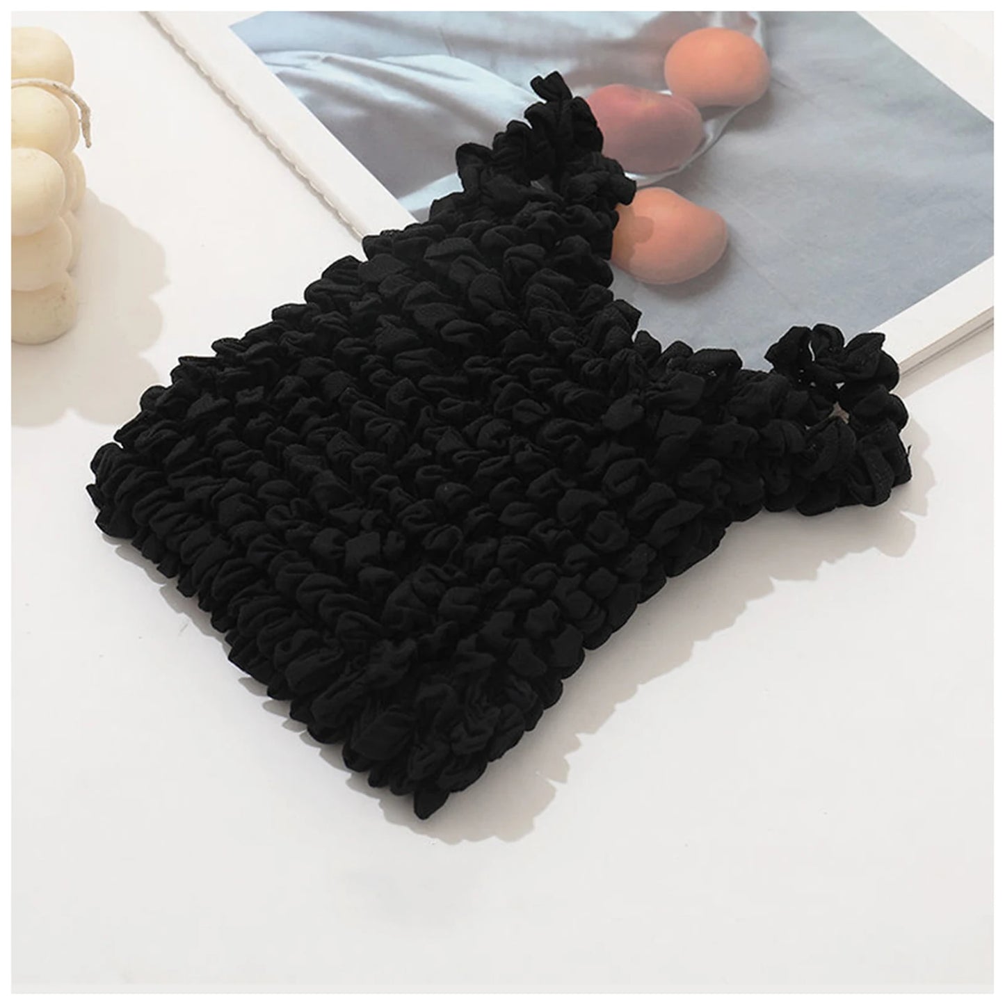 Fold Pleated Flexible Stretch Mini Bag Mini Bag Large Capacity Bubble Elastic Portable Shopping Handbag Tote Peaceful Pleasures Health and Wellness black