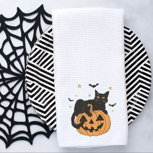 Halloween Black Cat Waffle Tea Towel Kitchen Dish Towel Halloween Jack O Lantern Kitchen Decor Holiday Housewarming Hostess Gift Peaceful Pleasures Health and Wellness