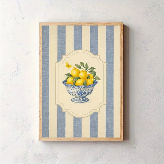 Modern Lemon Blue White Porcelain Bowl Canvas Wall Art Print Canvas Wall Art Peaceful Pleasures Health and Wellness G4574 30x40cm Wood Framed