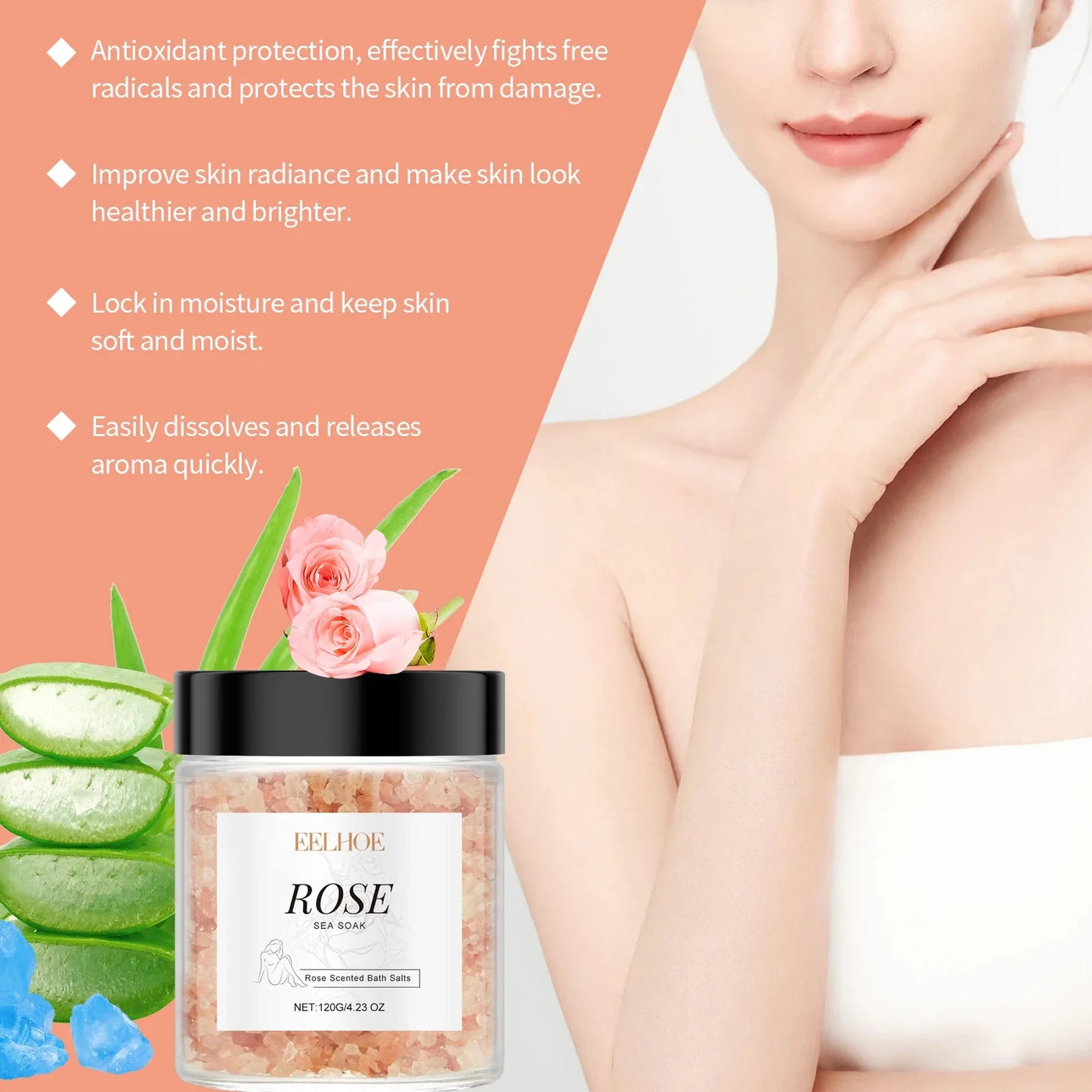 EELHOE Rose Bath Salts – Exfoliating, Pore-Minimizing, Stress Relief