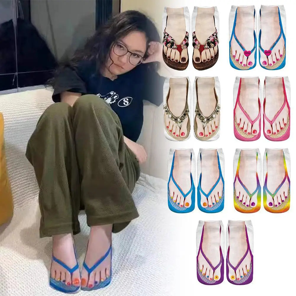 1 Pair 3D Printing Pattern Flip Flop Socks Funny Socks for Women Flip-flop Ankle Socks Low Cut Floor Socks Hosiery Novelty Gifts Peaceful Pleasures Health and Wellness