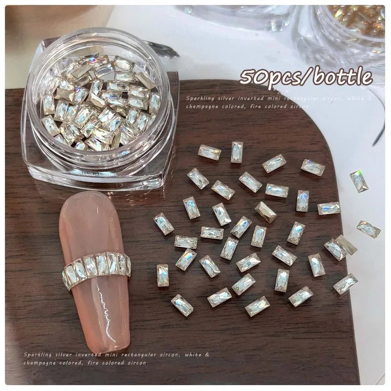 50Pcs Zirconia Strip Nail Rhinestones 2x4mm | Clear & Champagne