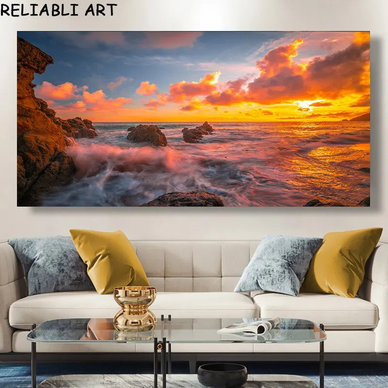 Modern Large Size Landscape Poster Wall Art Canvas Painting Sunset Beach Picture For Living Room Bedroom Home Decor No Frame Peaceful Pleasures Health and Wellness