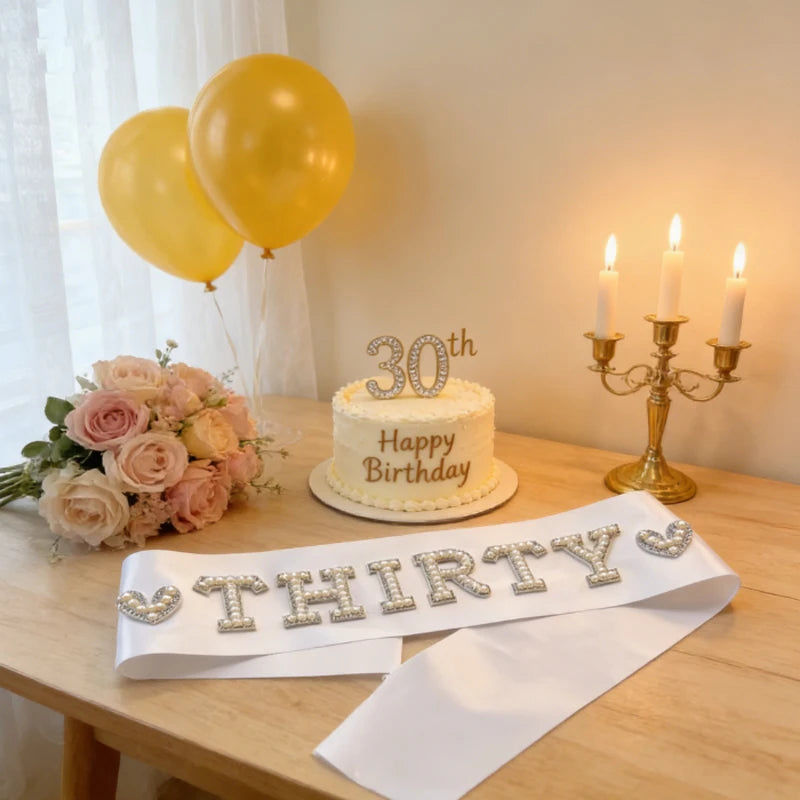 30th Birthday Sparkle Sash – Diamanté Pearl Party Gift Birthday Party Sash Peaceful Pleasures Health and Wellness THIRTY 9x150cm
