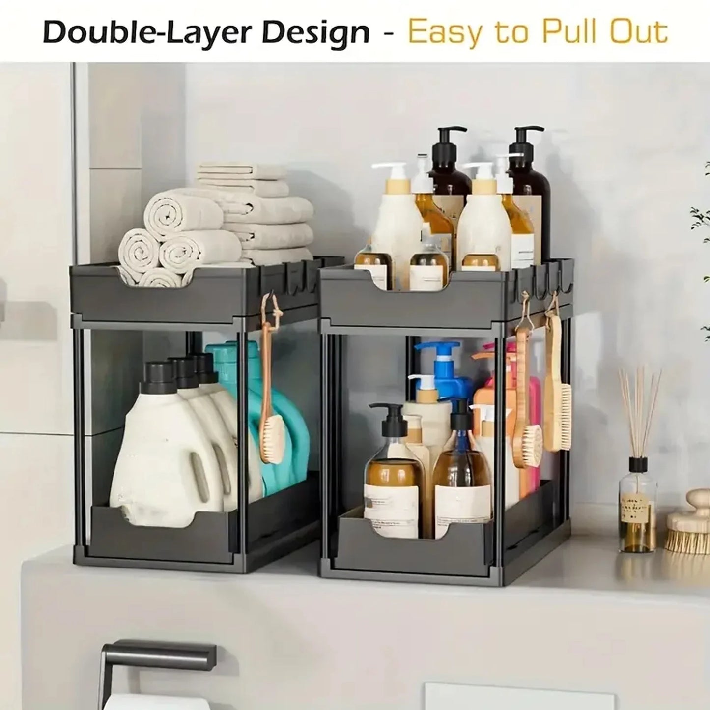 Double-Layer Pull-Out Under-Sink Organizer Rack with 5 Hooks