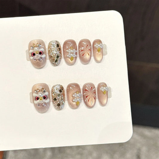 Handmade Press-On Nails | Champagne Cat Eye 3D Lion Pearl Press-On Nail Set Peaceful Pleasures Health and Wellness L
