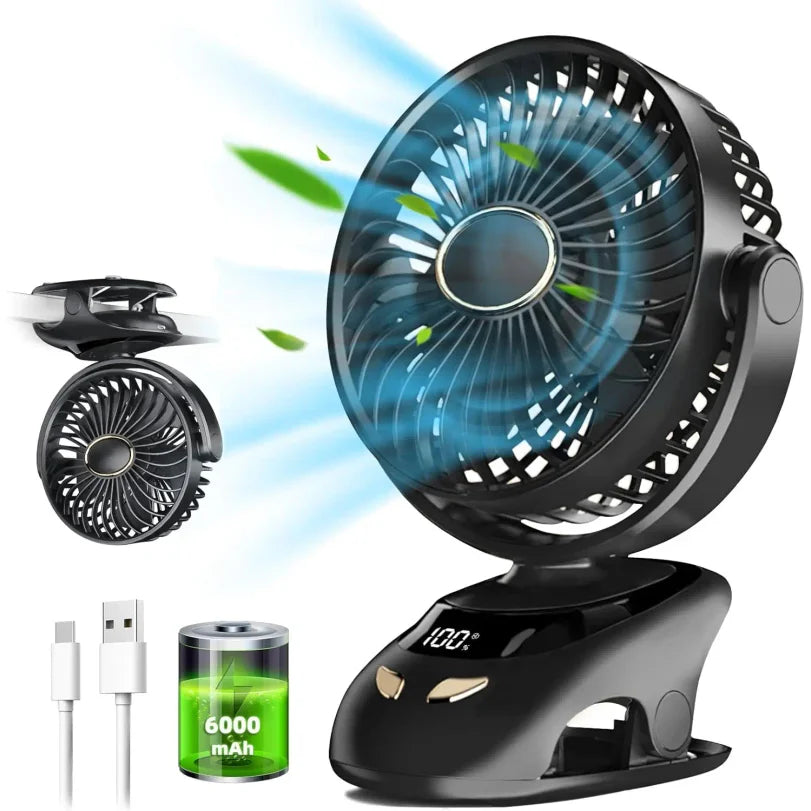 Portable USB Clip-On Desk Fan | 5-Speed, LED Display, Rechargeable