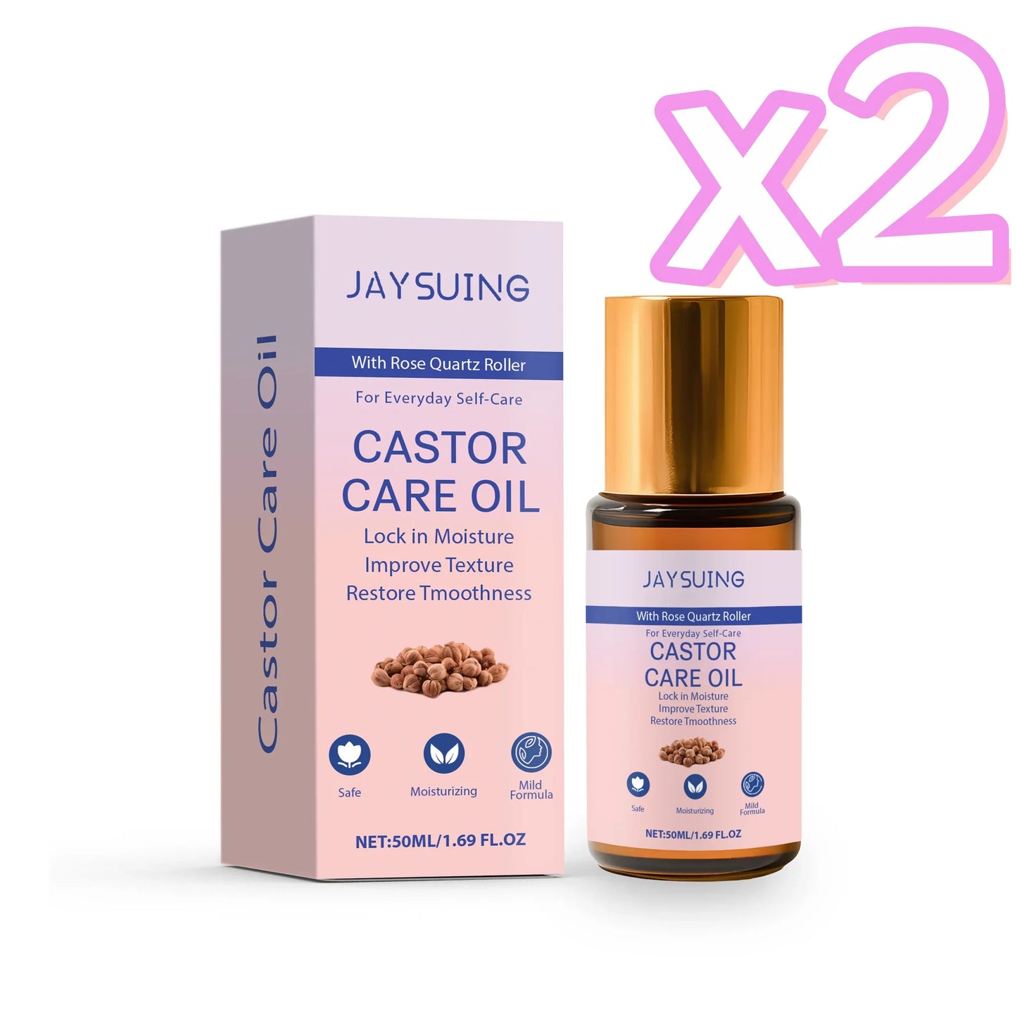 Organic Castor Oil with Rose Quartz Roller – Skin & Hair 50ml
