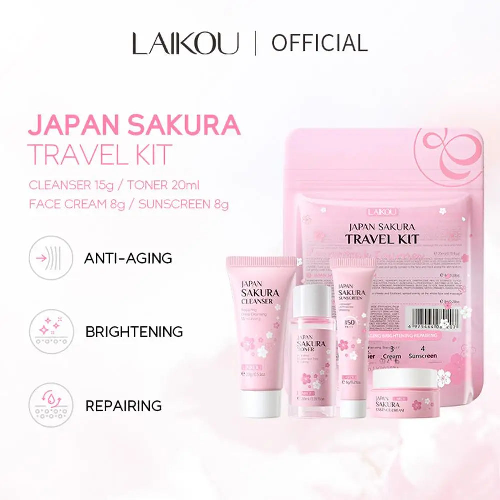 LAIKOU Sakura Skin Care Set – 4-Piece Travel Kit with Cleanser, Toner, Face Cream & Sunscreen Peaceful Pleasures Health and Wellness