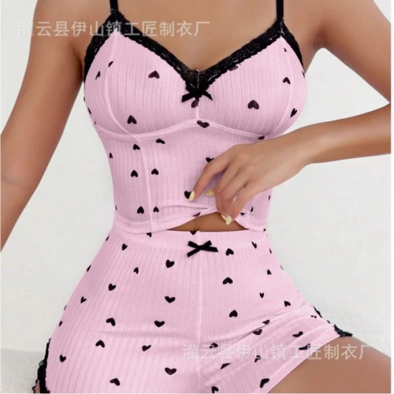 Cross-border casual lace trim bowknot suspender shorts women's thin home wear set European and American new style Peaceful Pleasures Health and Wellness