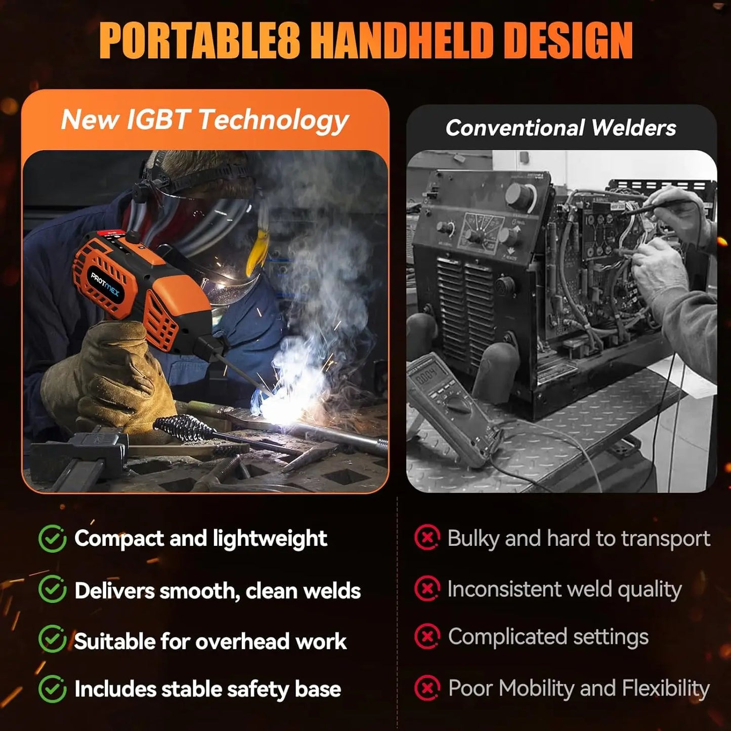 Comparison of a portable handheld welder with conventional welders, highlighting new IGBT technology.