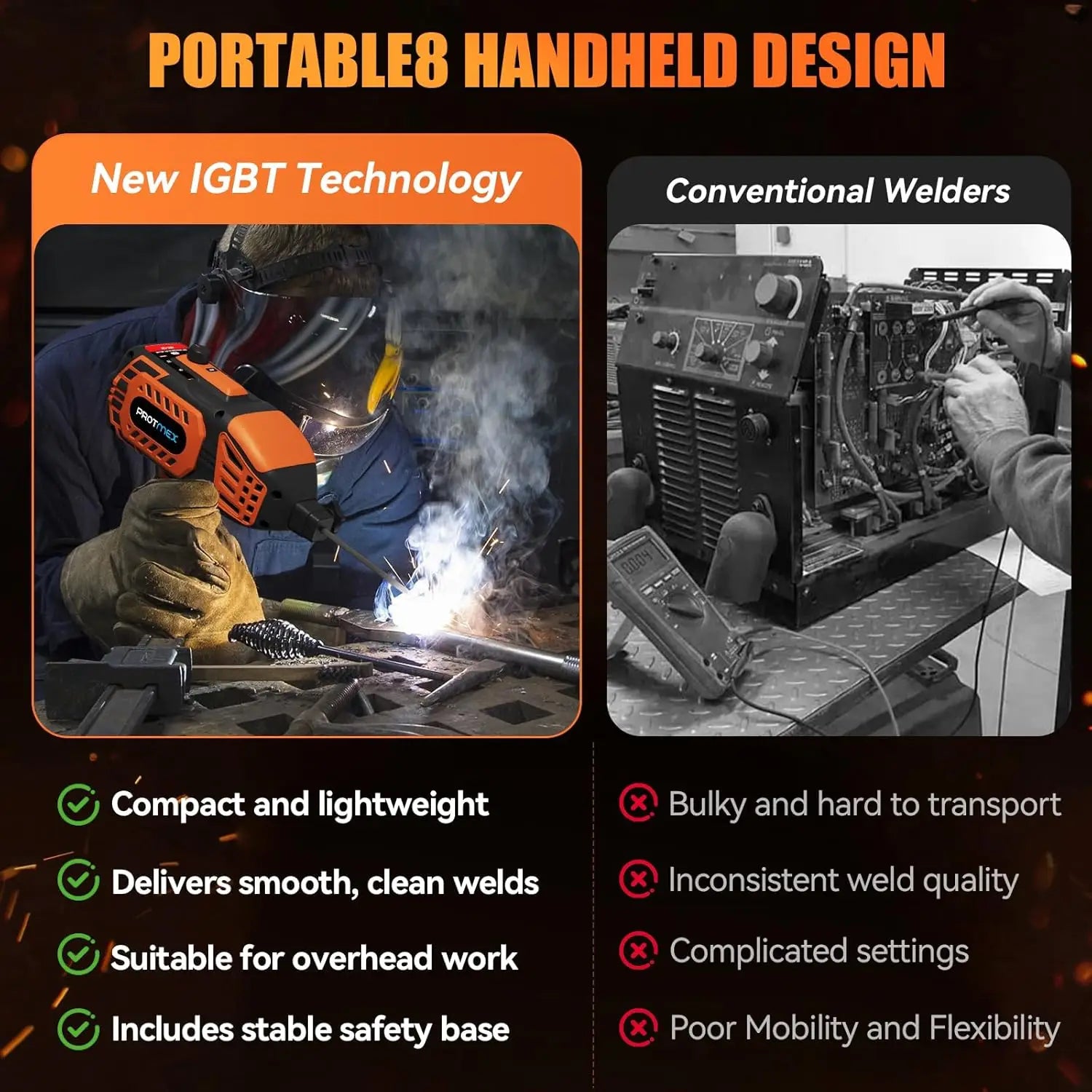 Comparison of a portable handheld welder with conventional welders, highlighting new IGBT technology.