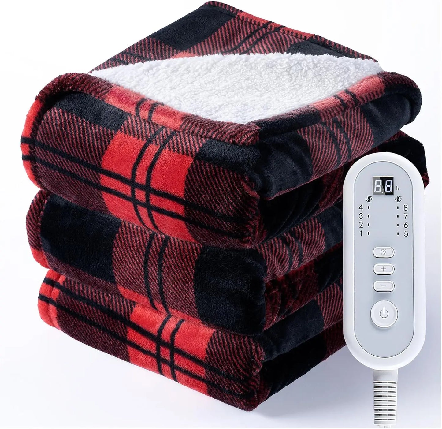 Twin Electric Heated Blanket – 240GSM Flannel & Sherpa, 8 Levels, Red Black Plaid Peaceful Pleasures Health and Wellness United States