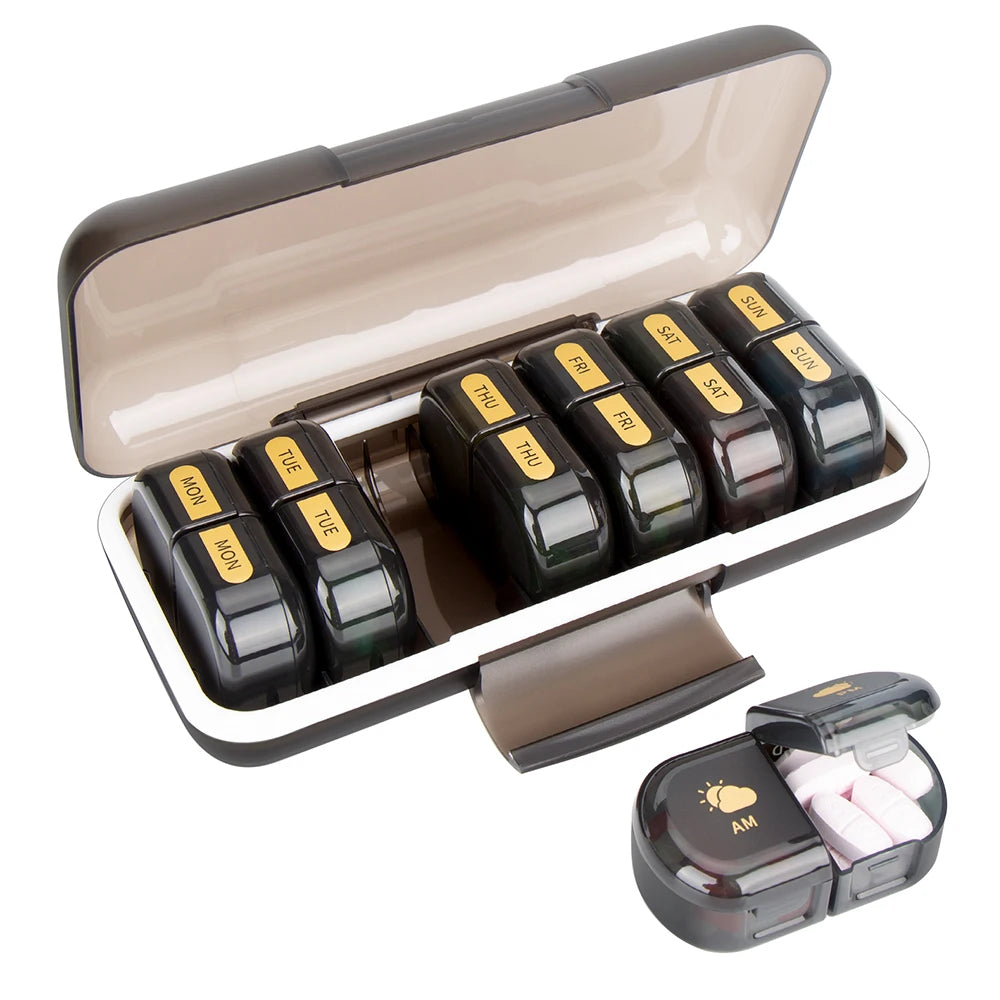 Extra Weekly Pill Organizer 2 Times a Day, Daily AM and PM Travel Pill Box Container Storage Box for Outdoor Travel Essentials Peaceful Pleasures Health and Wellness Black