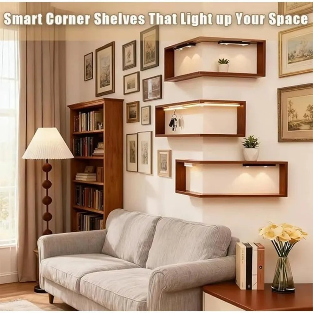 90° Corner Floating Wall Shelf – Bamboo Wood Display Storage