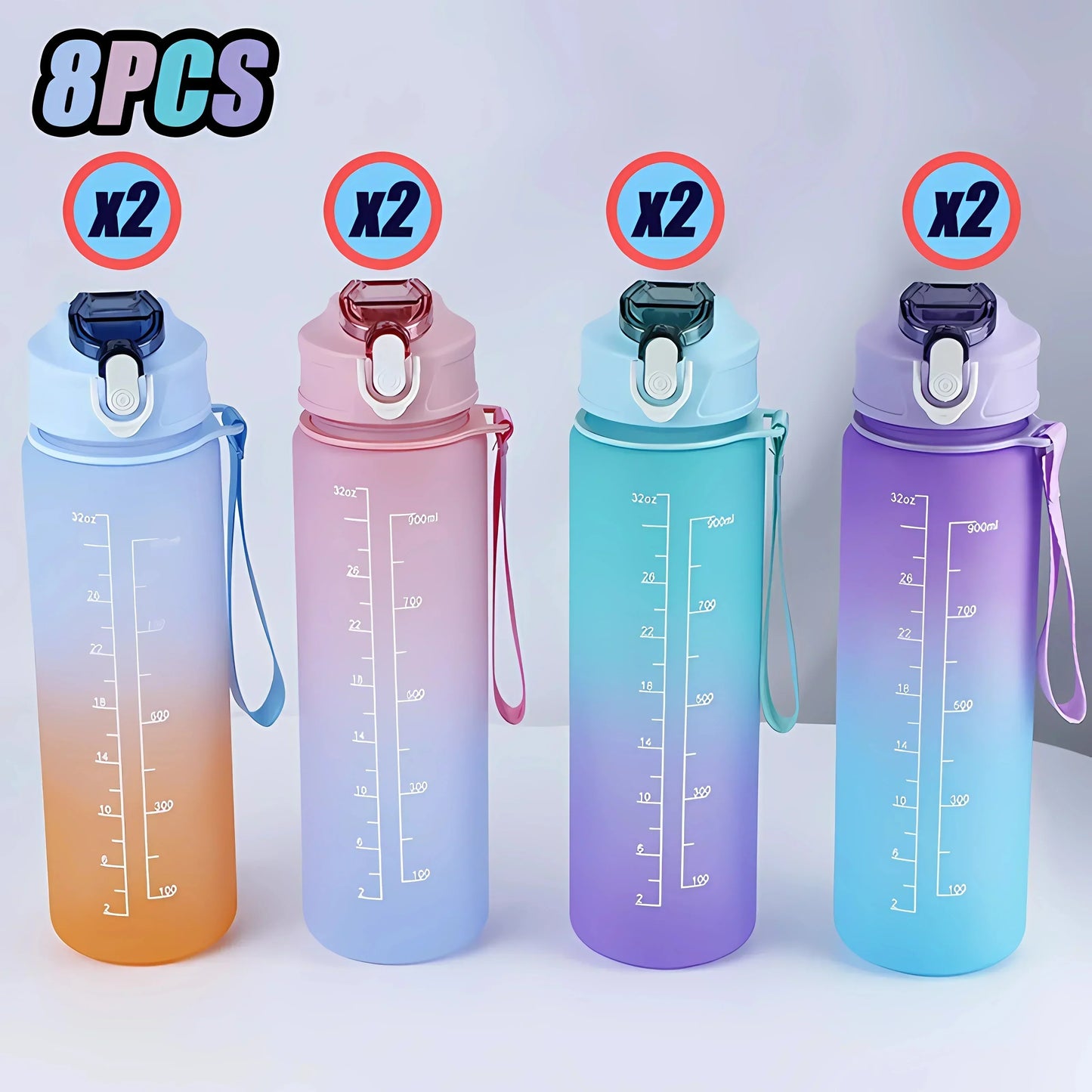 900ml Rainbow Frosted Sports Water Bottle with Straw – BPA-Free