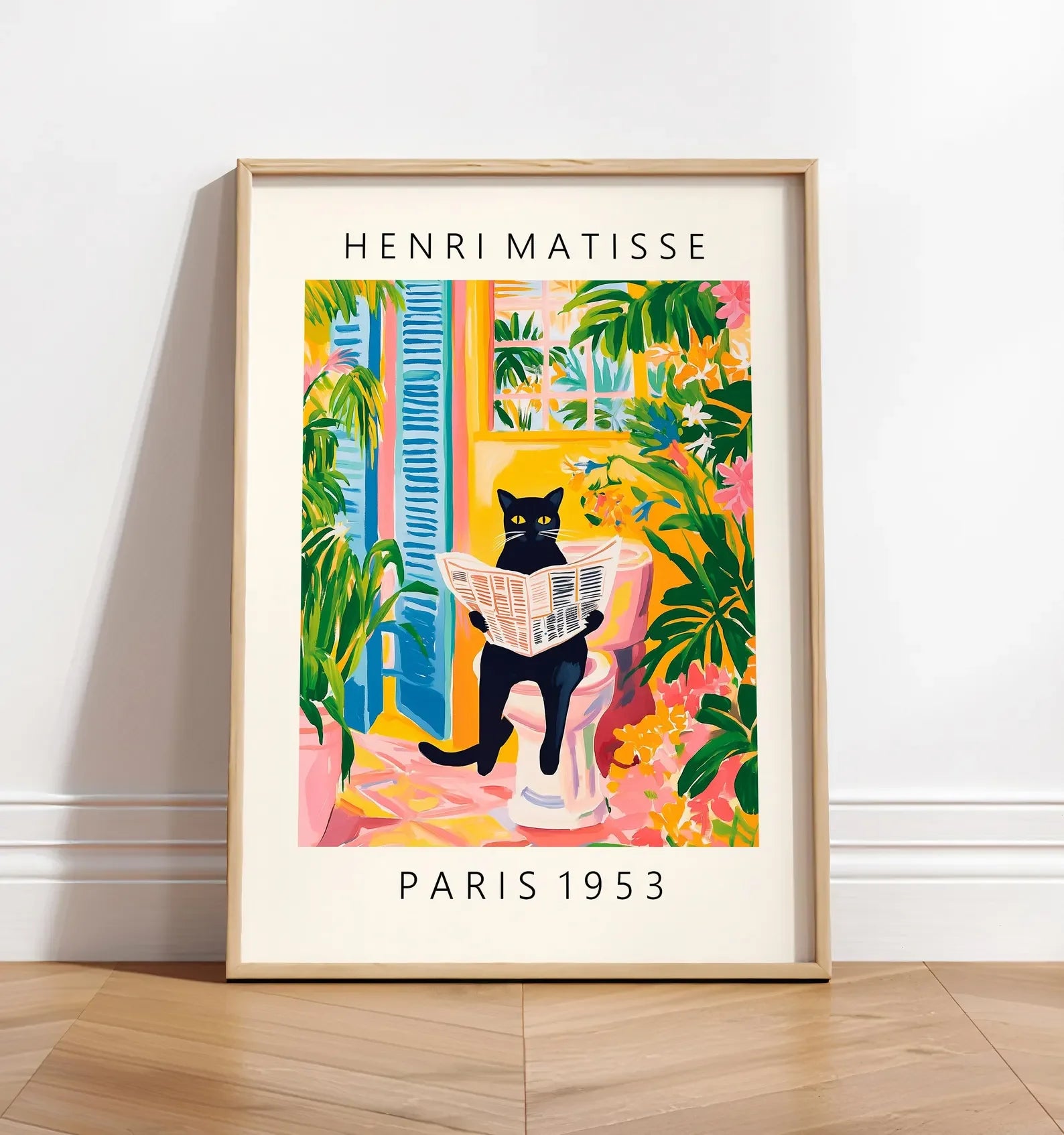 Black cat on toilet, Bathroom wall art, Matisse poster, Funny bathroom decor, Pink tropical decor Peaceful Pleasures Health and Wellness