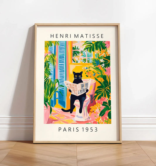 Black cat on toilet, Bathroom wall art, Matisse poster, Funny bathroom decor, Pink tropical decor Peaceful Pleasures Health and Wellness