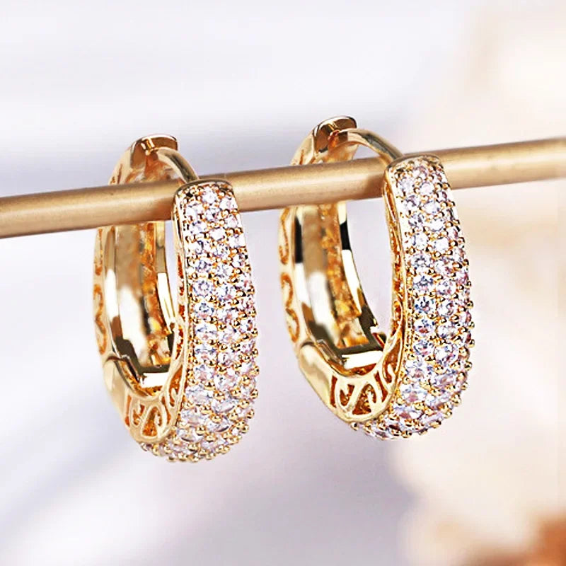Hollow Gold Color Hoop Earrings for Women Paved Dazzling CZ Stone Luxury Trendy Female Circle Earrings Statement Jewelry Peaceful Pleasures Health and Wellness Gold