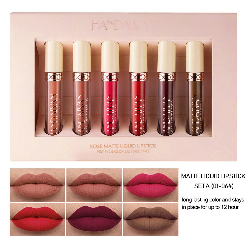 HANDAIYAN 6-Color Velvet Matte Liquid Lipstick Set – Waterproof