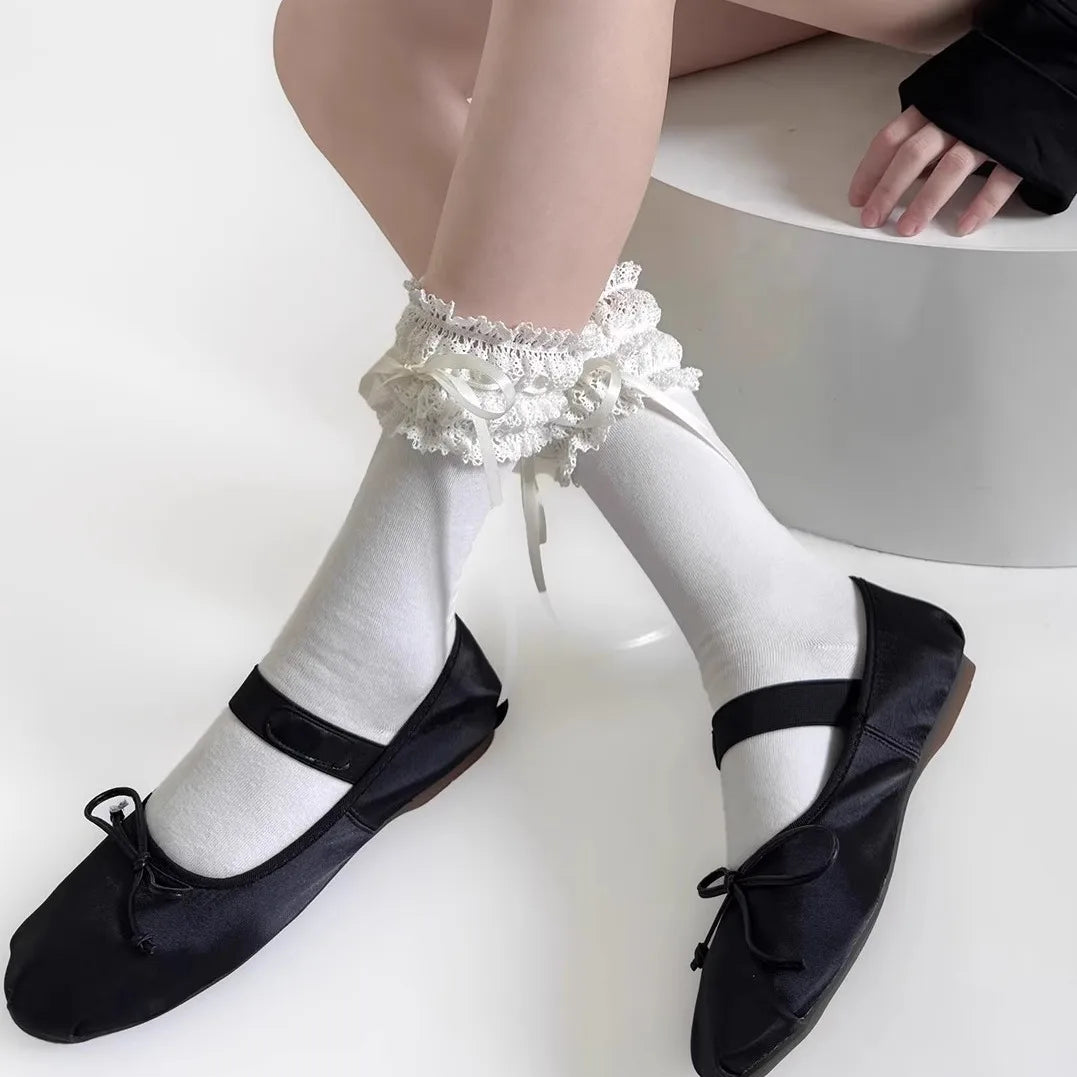 Wide Lace Ribbon Ballet Socks for Women Summer Thin Cotton Bow Mid Tube Socks Lolita Style Cute Breathable Daily Versatile Socks Peaceful Pleasures Health and Wellness C