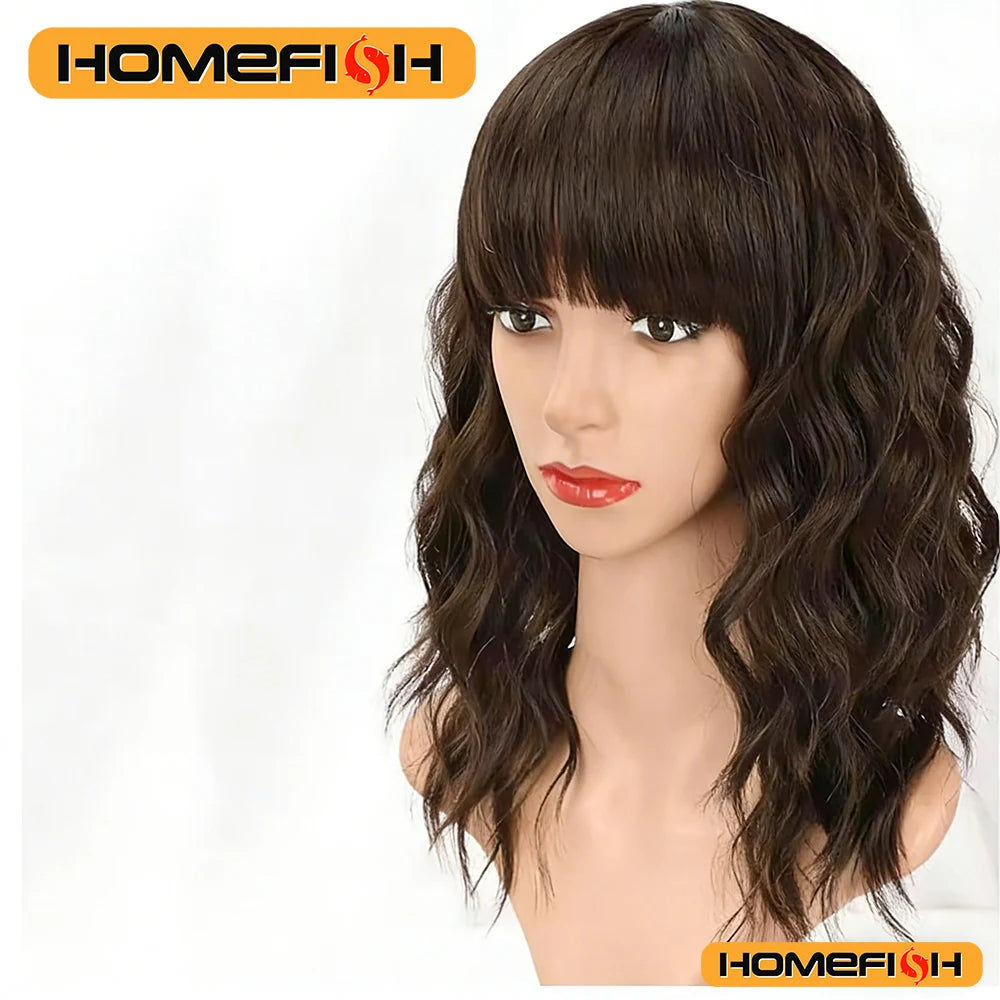 Synthetic Curly Wig with Bangs – Short Wavy Crochet Wig Women