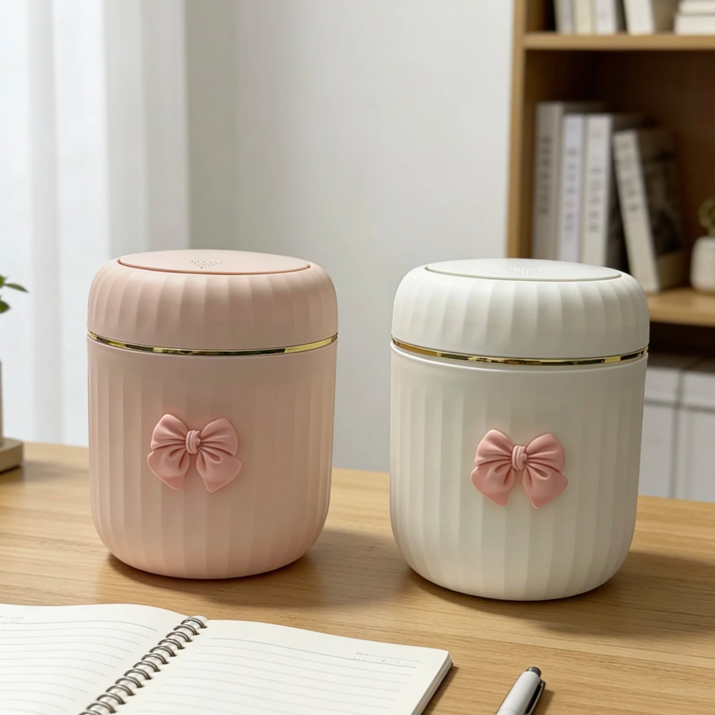 Mini Desktop Trash Can with Lid & Bow Decor | Press-Open Bin