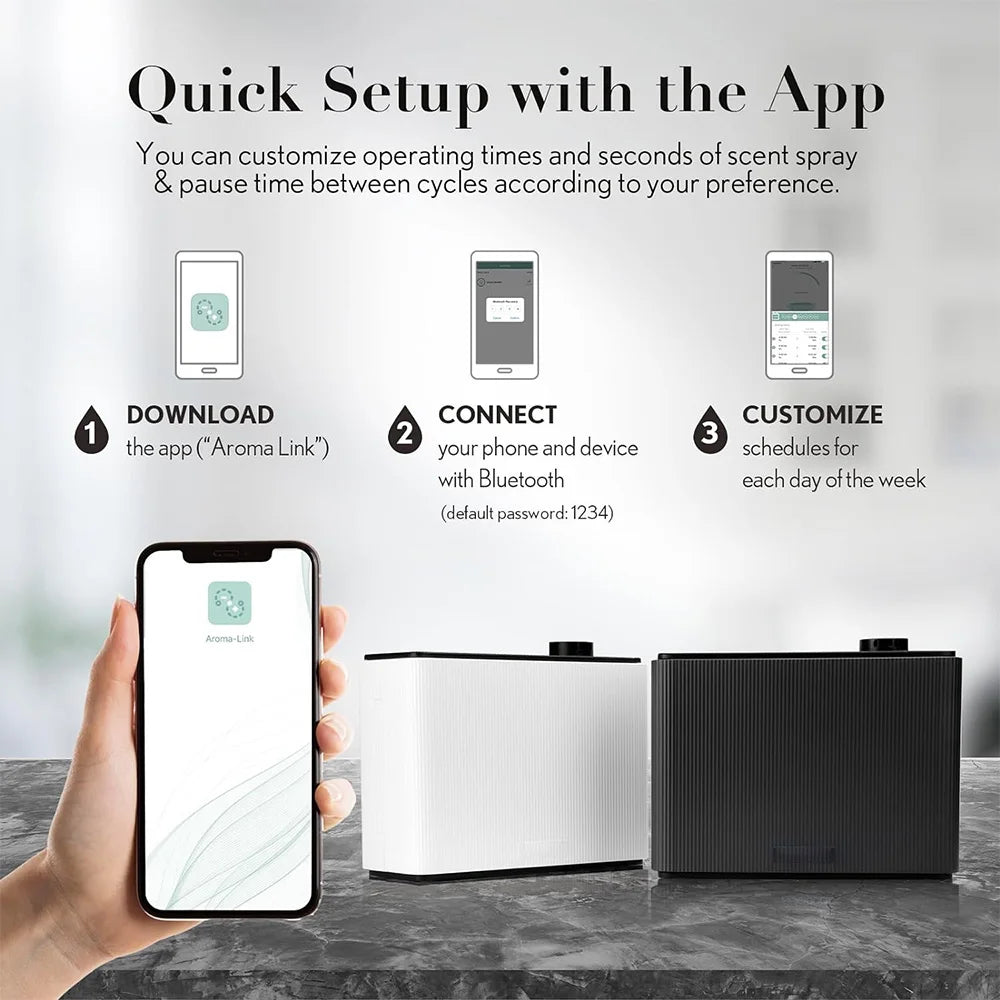 Smart device setup process with smartphone app on a gray background