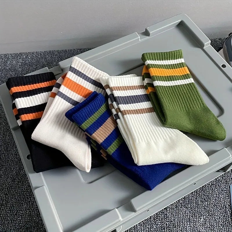 5 Pairs Men's Colorful Striped Casual Socks, Fashionable Sports Socks, Sweat Absorbing And Breathable, Suitable For All Seasons Peaceful Pleasures Health and Wellness