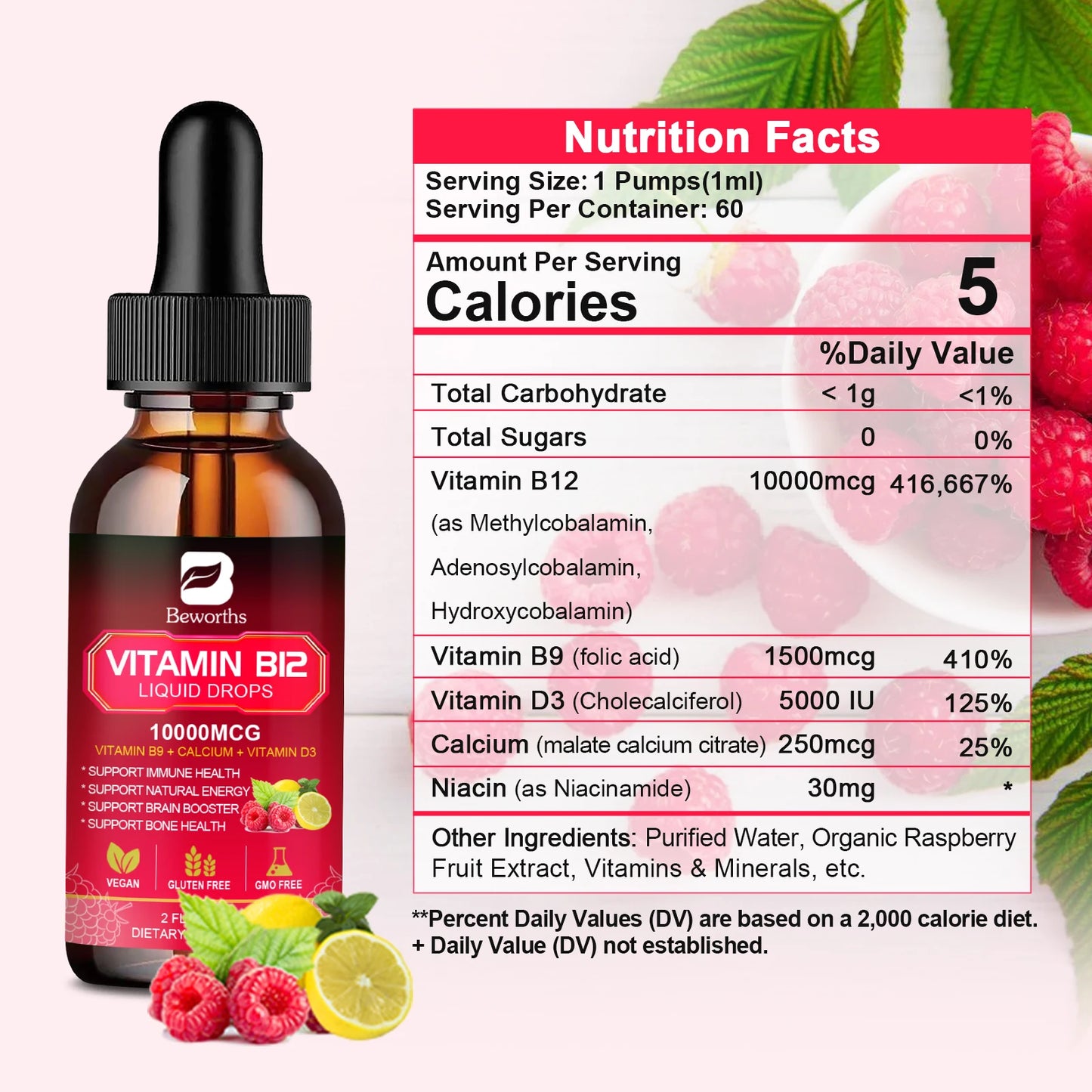 Vitamin B12 Liquid Drops 10000mcg – Energy, Immune, Heart & Digestion Support | Raspberry | 60ml Peaceful Pleasures Health and Wellness