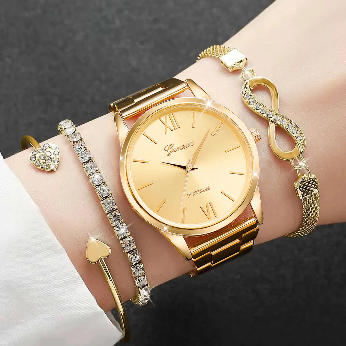 4PCS/Set Fashion Rhinestone Women Watches Luxury Steel Band Ladies Quartz Watch Bracelets Set Reloj Mujer（Without Box） Peaceful Pleasures Health and Wellness C Gold Without Box