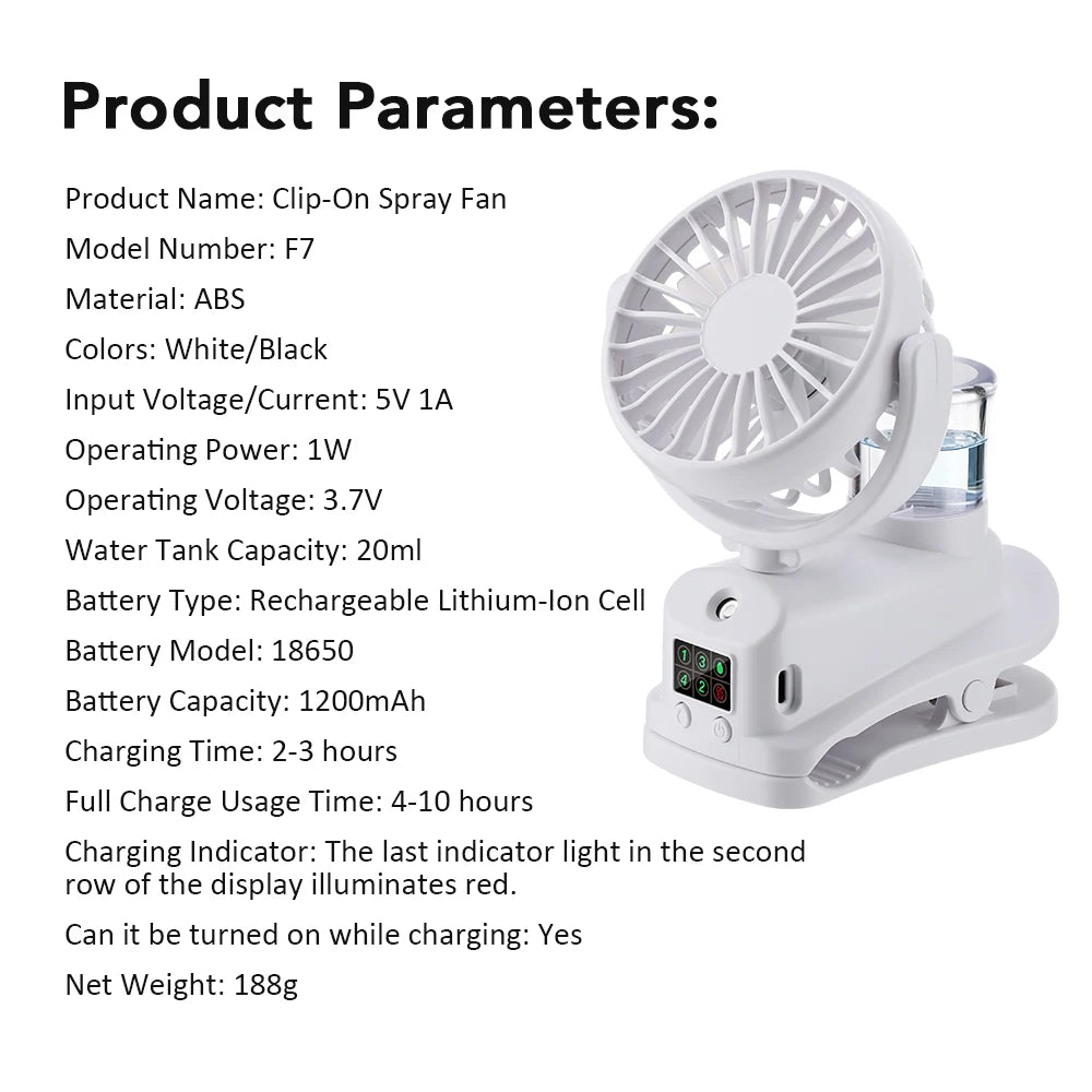 Misting Clip Fan for Baby Stroller, Portable Rechargeable USB Desk Spray Fan, Quiet 1200mAh Mini Air Cooler with LED Display Peaceful Pleasures Health and Wellness