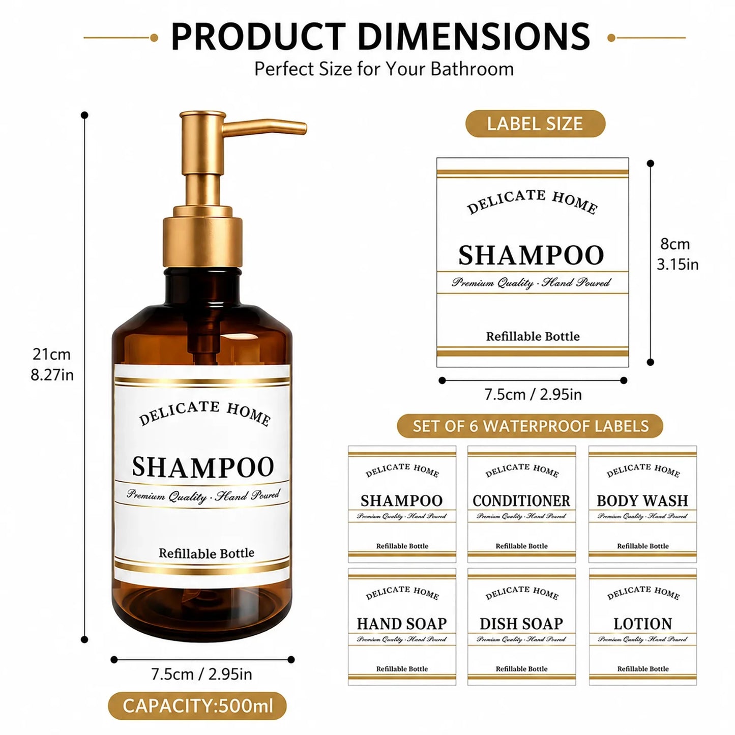 Amber Pump Dispenser Bottles 3-Pack | 500ml Refillable Shower Set
