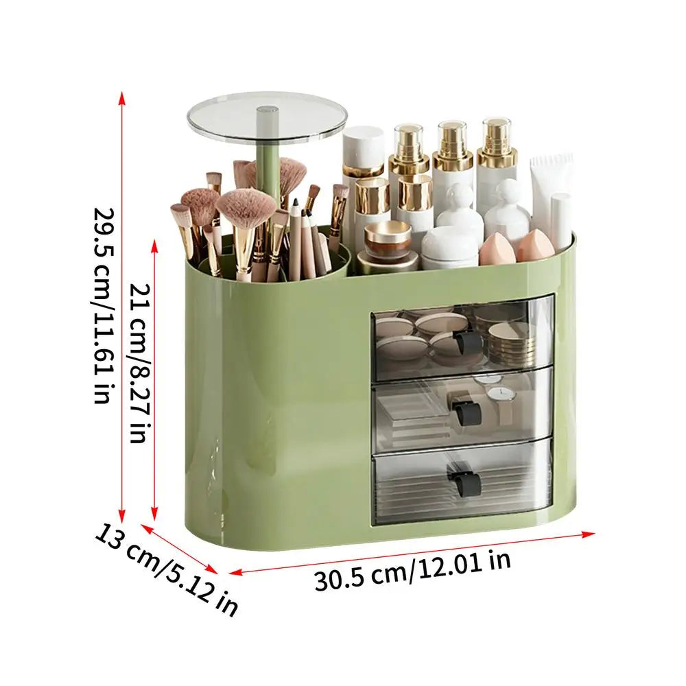 Makeup Organizer for Vanity with 3 Drawers Space Saving Dresser Cosmetic Storage Organizer for Perfume Brush Lipstick Skincare Peaceful Pleasures Health and Wellness Green CN
