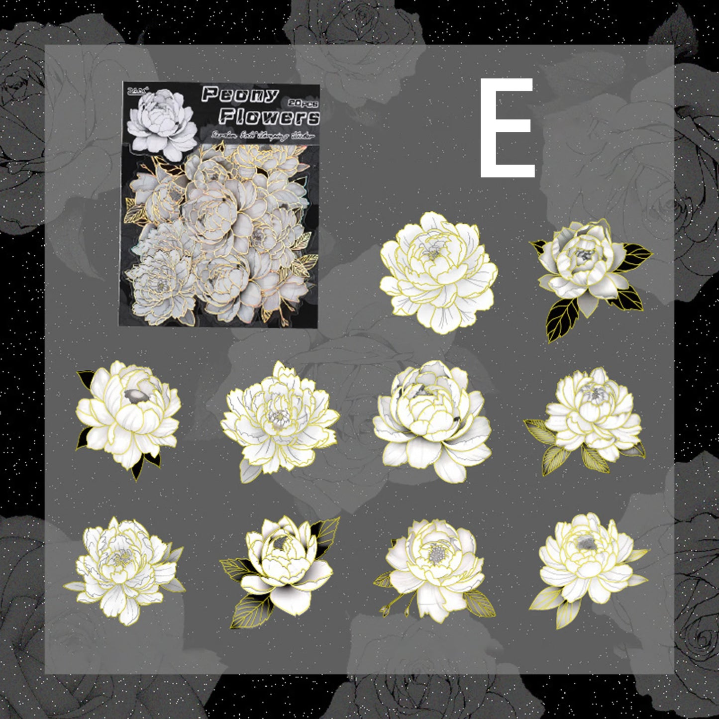 Black and White Flower Stickers with Gold Holographic Outlines, Glitter Shiny Waterproof Decals for Scrapbooking, Journal Peaceful Pleasures Health and Wellness E 3set