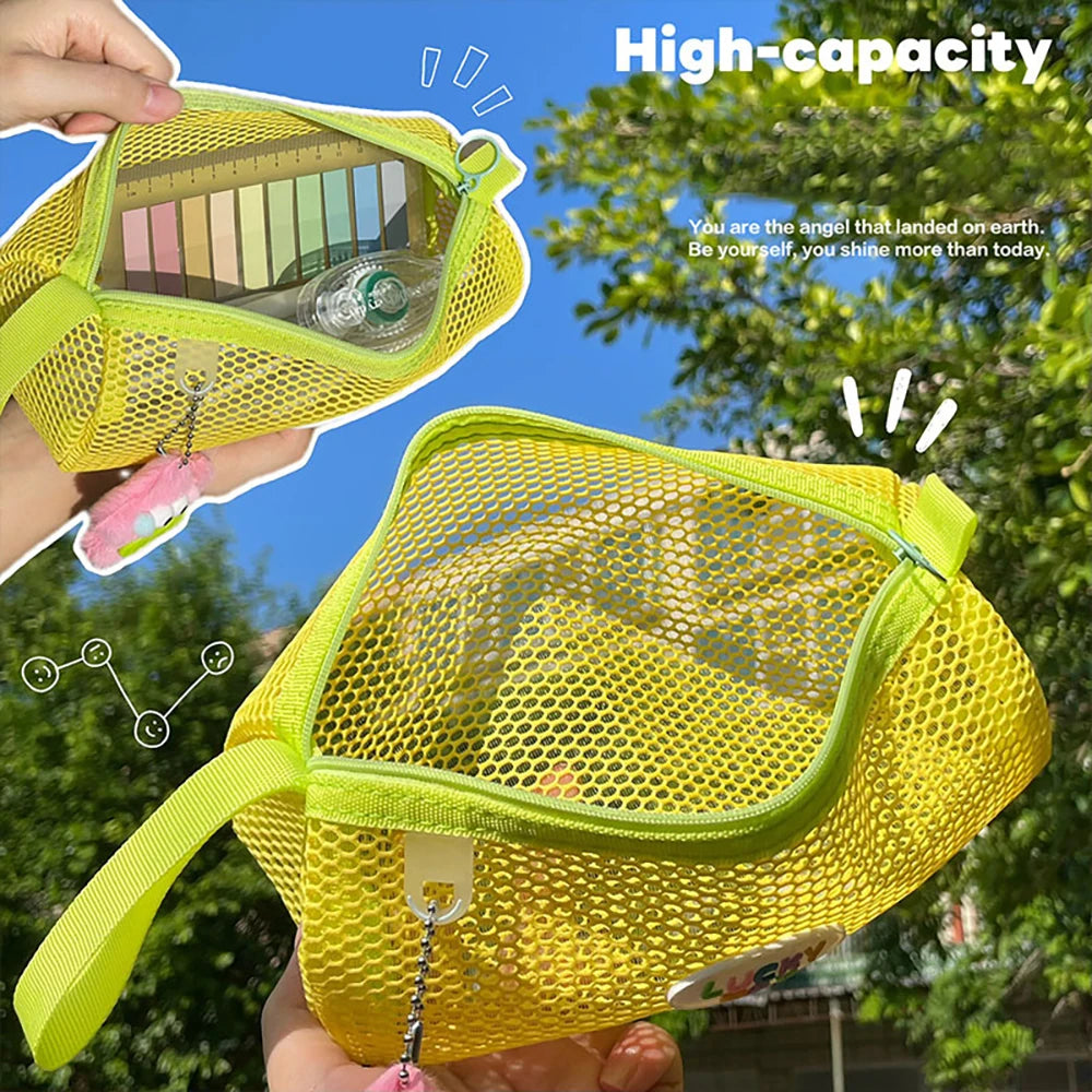 Colorful Visual Mesh Pencil Case Large Opening Capacity Student Exam