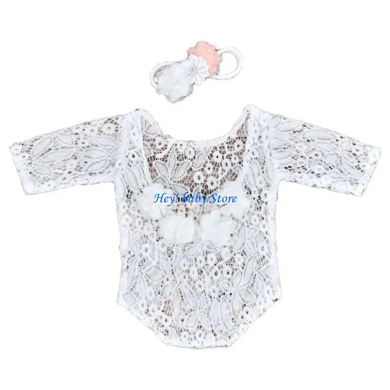 Baby Girl Lace Romper & Flower Pearl Headband Photography Set