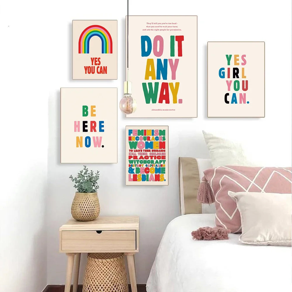 Feminist Rainbow Motivational Canvas Wall Art Print | Girl Power
