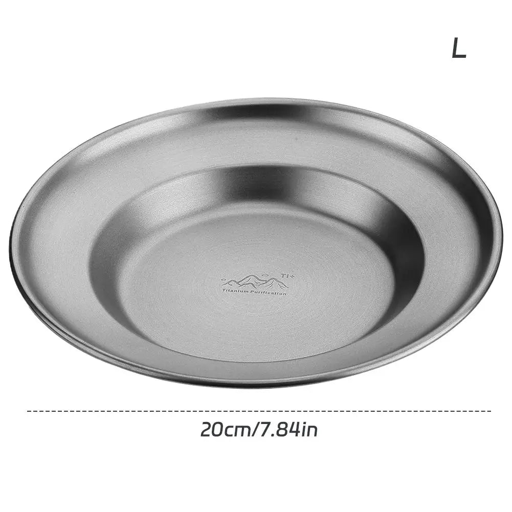 Outdoor Camping Steak Pizza Fruit Cake Snack Deep Disc Anti-overflow Plate Titanium Purified Stainless Steel Dinner Plate Set Peaceful Pleasures Health and Wellness 20cm