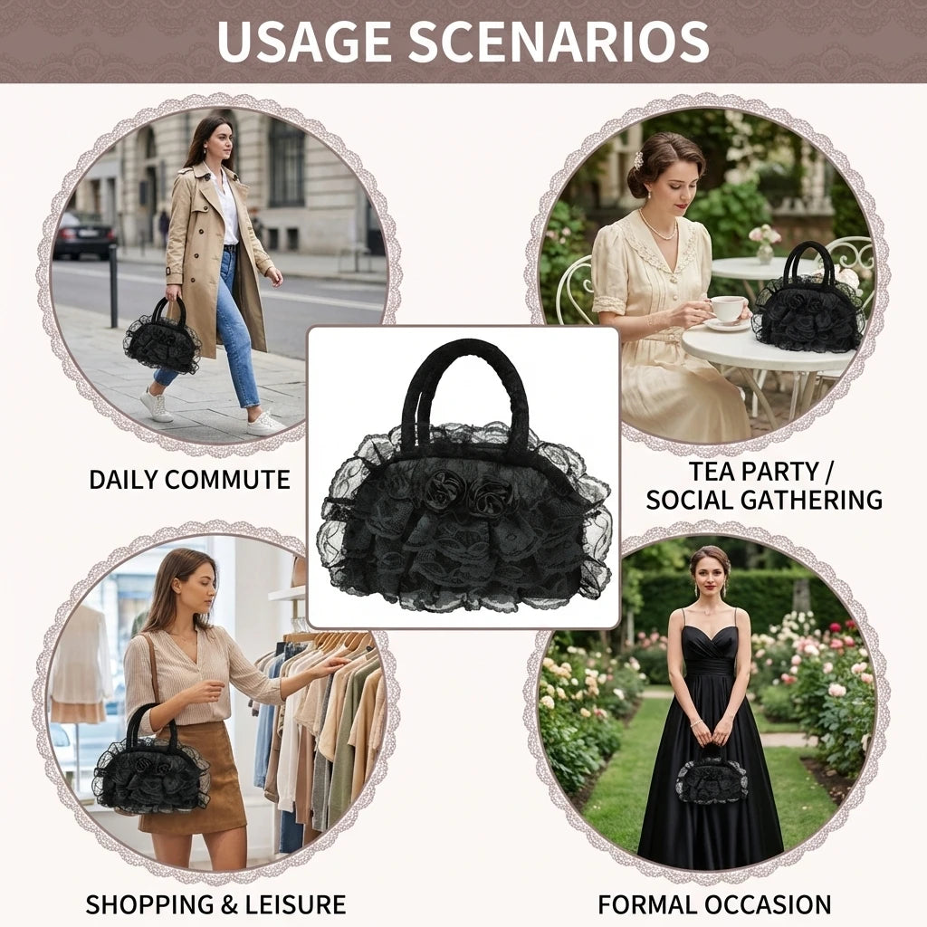 Women Retro Style Handbag With Lace Ruffled Trim For Daily Travle Peaceful Pleasures Health and Wellness