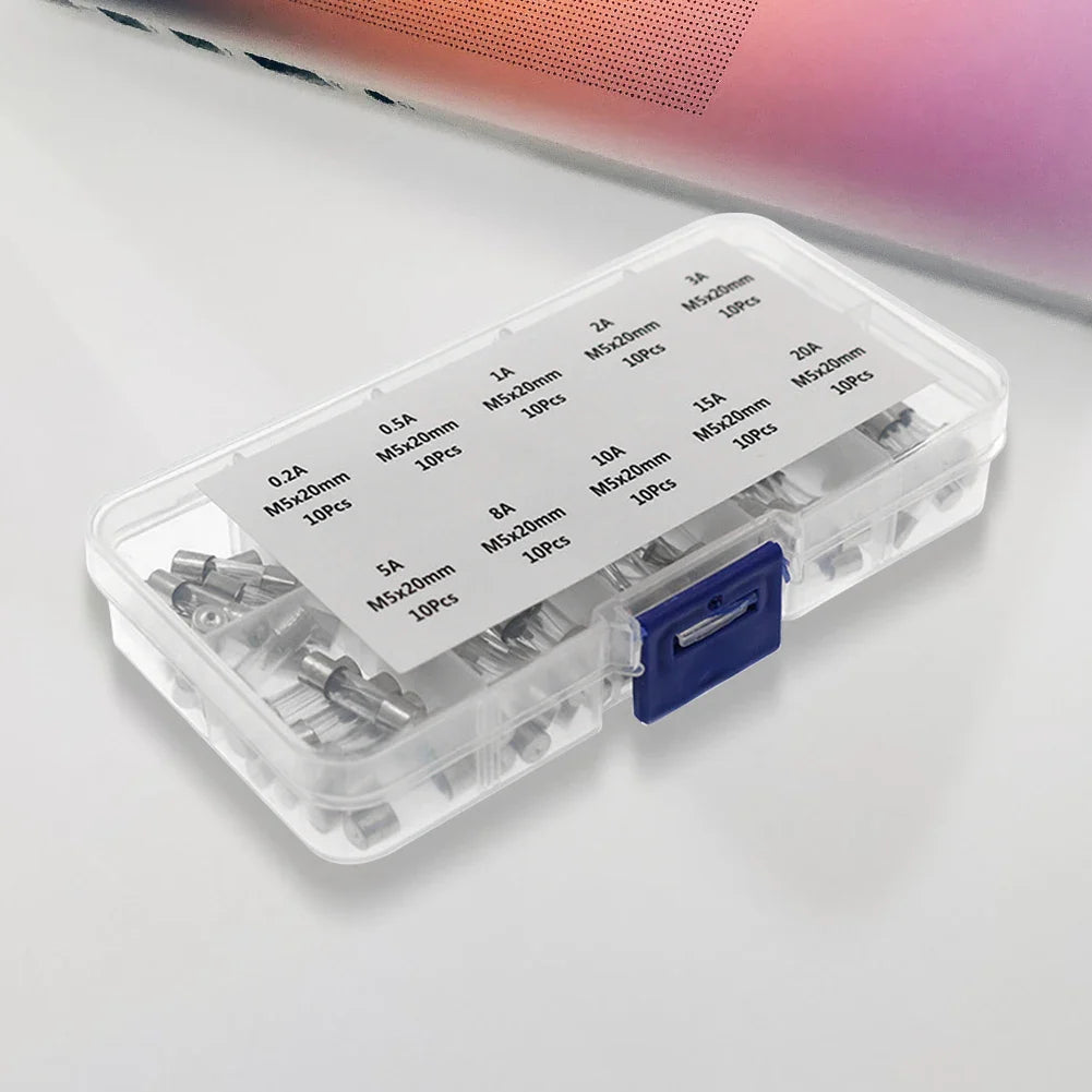 100-Piece Glass Tube Fuse Kit 0.2A–20A 250V Fast-Blow 5×20mm