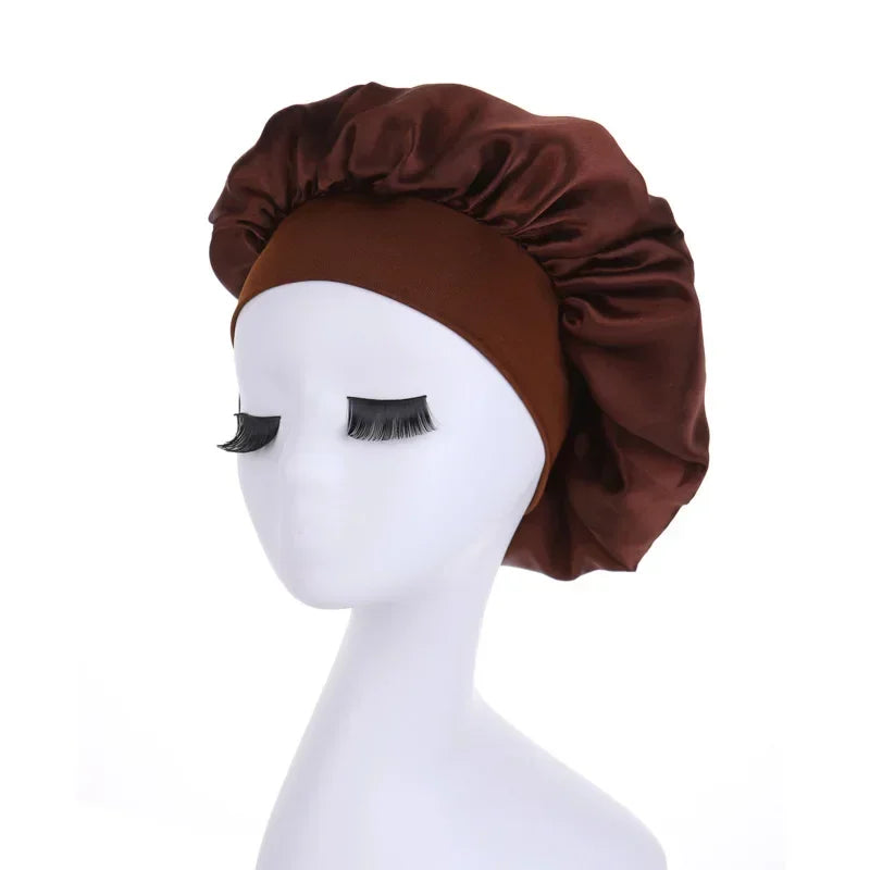 Women's Satin Solid Wide-brimmed Sleeping Hat Night Sleep Cap Hair Care Bonnet Nightcap for Women Men Unisex Cap Bonnet De Nuit Peaceful Pleasures Health and Wellness Khaki
