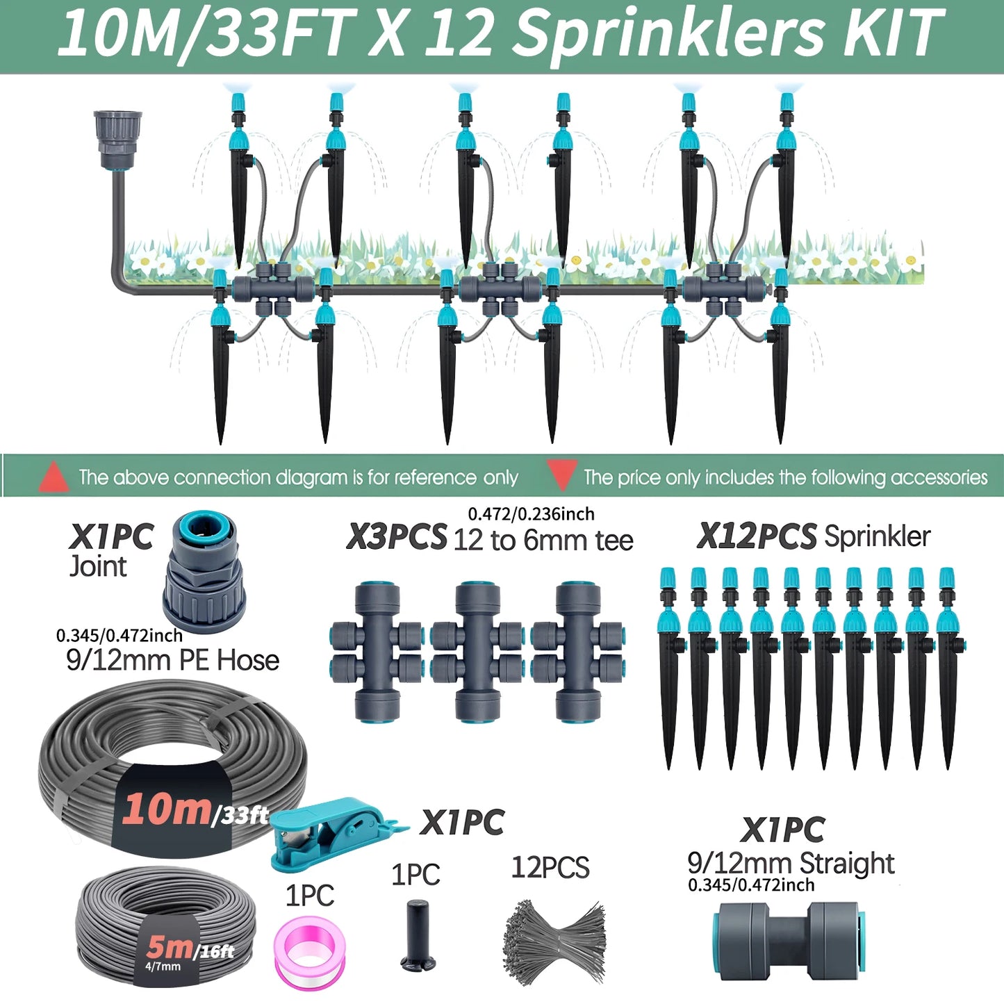 3/8" Garden Irrigation Watering System 12mm PE Hose 360° Adjustable 2-in-1 Misting Quick Connect Sprinkler Micro Dripper Sprayer Peaceful Pleasures Health and Wellness 10m Kit