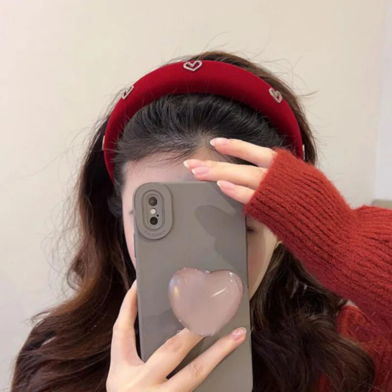 Fashion Lady Hair Hoop Velvet Heart Shape Rhinestone Headband Female