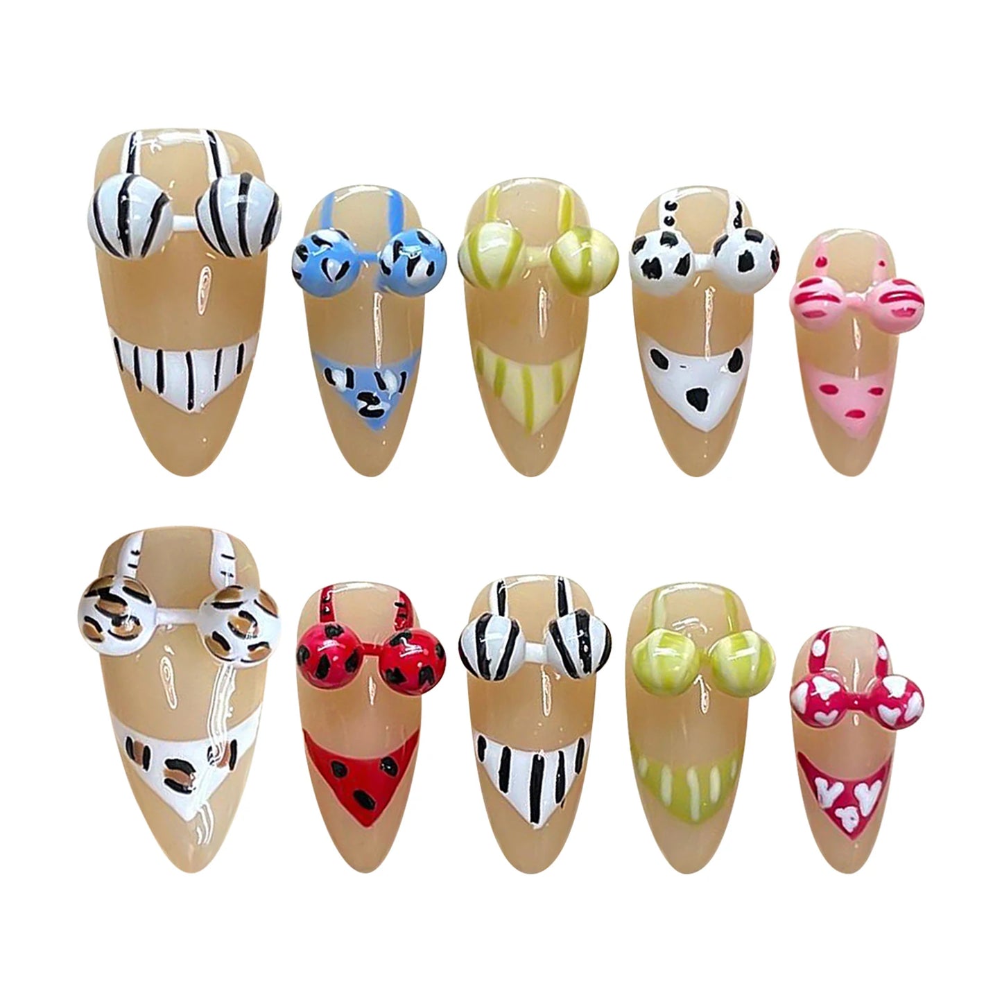 Handmade Press on Nails with 3D Bikini Design Summer Beach Style False Nails for Women Wearable Reusable Funny Almond Fake Nails Peaceful Pleasures Health and Wellness S